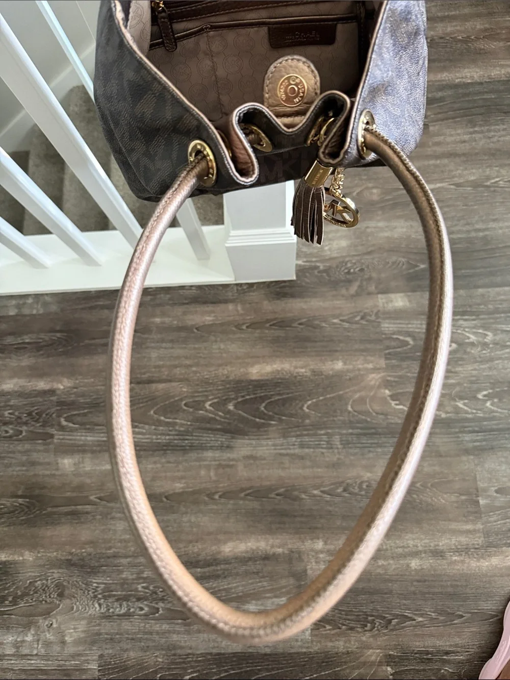 Michael Kors Brown Logo Drawstring Shoulder Bag with Tassel Charm